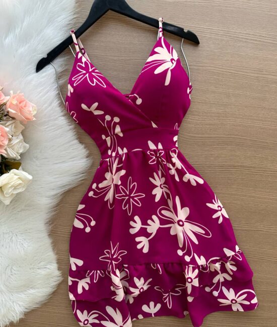 Vestido Nadia de Alça com Decote Estampado – Fúcsia - Sempre Linda Loja