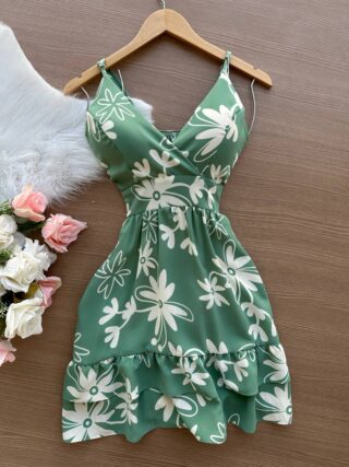 Vestido Nadia de Alça com Decote Estampado – Verde Menta - Sempre Linda Loja