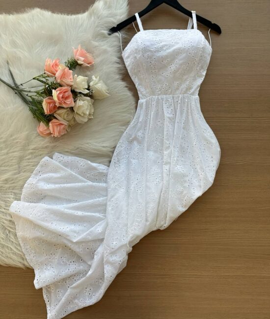 Vestido Longo Lavínia Tricoline Bordado – Branco - Sempre Linda Loja