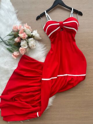 Vestido Longo Ayla c/ Alça Detalhe Aberto no Decote Listras – Vermelho - Sempre Linda Loja