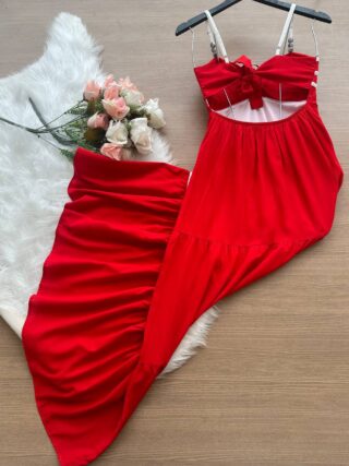 Vestido Longo Ayla c/ Alça Detalhe Aberto no Decote Listras – Vermelho - Sempre Linda Loja