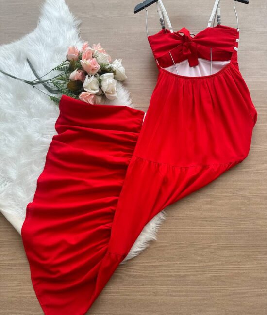 Vestido Longo Ayla c/ Alça Detalhe Aberto no Decote Listras – Vermelho - Sempre Linda Loja