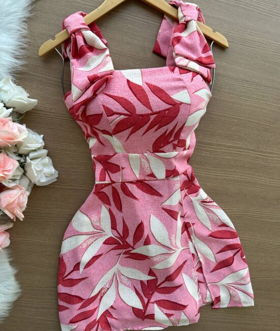 Vestido Curto Ayla c/ Detalhe Aberto no Decote Estampado – Nude - Sempre Linda Loja