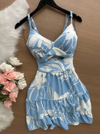 Vestido Curto Ayla c/ Detalhe Aberto no Decote Estampado – Nude - Sempre Linda Loja