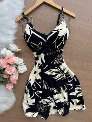 Vestido Curto Ayla c/ Detalhe Aberto no Decote Estampado – Nude - Sempre Linda Loja