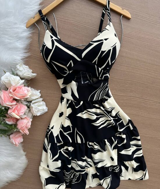 Vestido Curto Ayla c/ Detalhe Aberto no Decote Estampado – Nude - Sempre Linda Loja