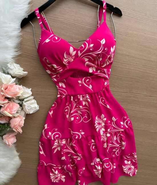 Vestido Curto Ayla c/ Detalhe Aberto no Decote Estampado – Nude - Sempre Linda Loja