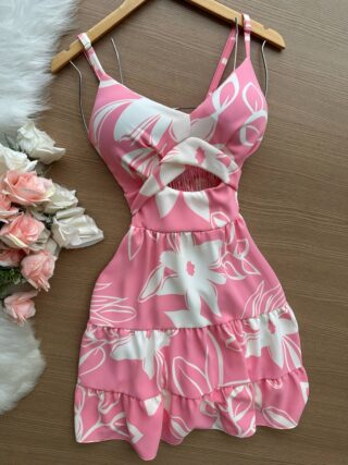 Vestido Curto Ayla c/ Detalhe Aberto no Decote Estampado – Nude - Sempre Linda Loja