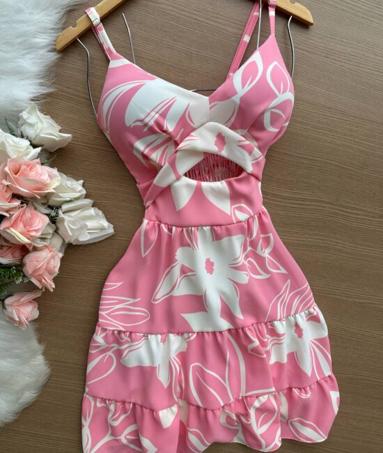 Vestido Curto Ayla c/ Detalhe Aberto no Decote Estampado – Nude - Sempre Linda Loja