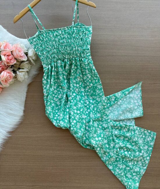 Vestido Midi Livia Crepe Alcinha Busto Detalhalhado c/ Fenda Florido - Verde Água - Sempre Linda Loja