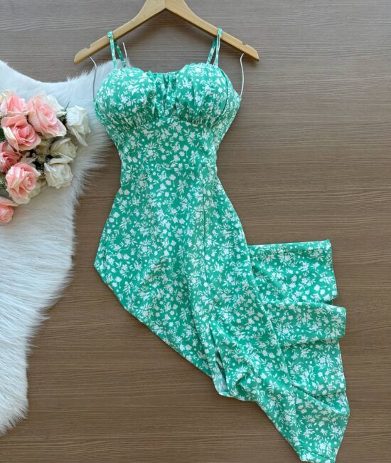 Vestido Midi Livia Crepe Alcinha Busto Detalhalhado c/ Fenda Florido - Verde Água - Sempre Linda Loja