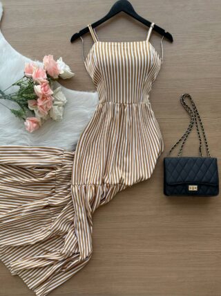 Vestido Longo Lavínia Listrado – Nude - Sempre Linda Loja