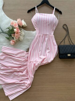 Vestido Longo Lavínia Listrado – Nude - Sempre Linda Loja