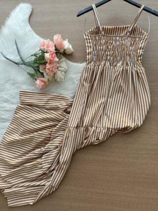 Vestido Longo Lavínia Listrado – Nude - Sempre Linda Loja