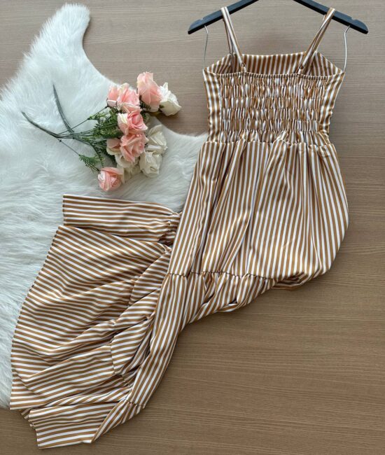 Vestido Longo Lavínia Listrado – Nude - Sempre Linda Loja