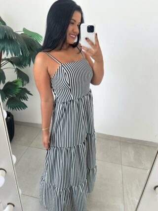 Vestido Longo Lavínia Listrado – Nude - Sempre Linda Loja