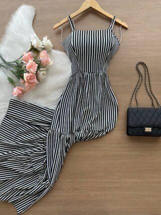 Vestido Longo Lavínia Listrado – Preto - Sempre Linda Loja